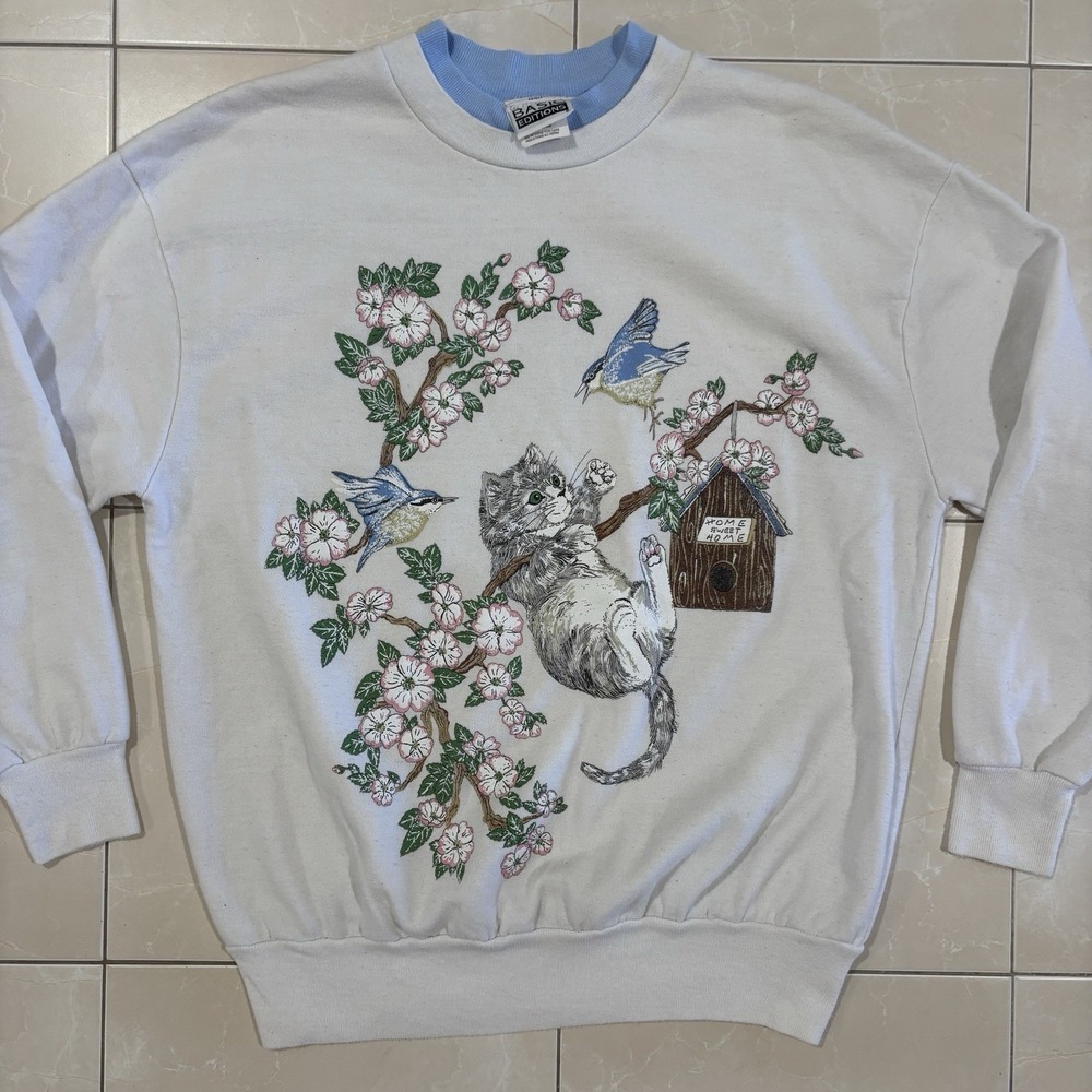 Vintage Cat Sweater Women's M 90s Made In USA Cute Nature Birds Grandma Y2K
